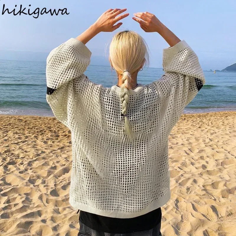 Womens letter Oneck oversized sweater fashionable jumping style pullout womens hollow knitting thin Y2k top suede cream 240826