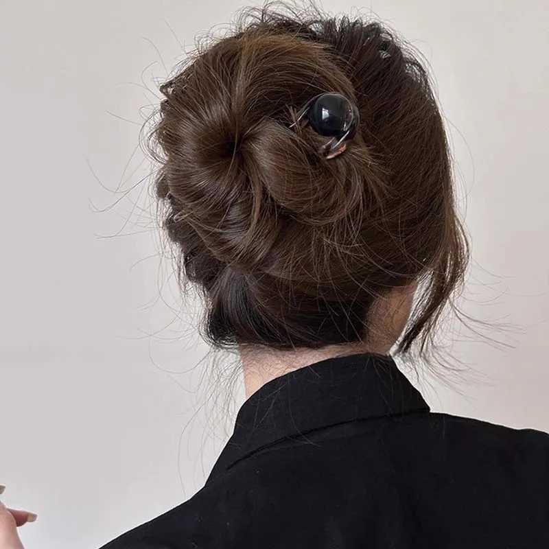 New Chinese style acetic acid U-shaped hair stick womens retro resin ball head flat bottom hair clip W240816