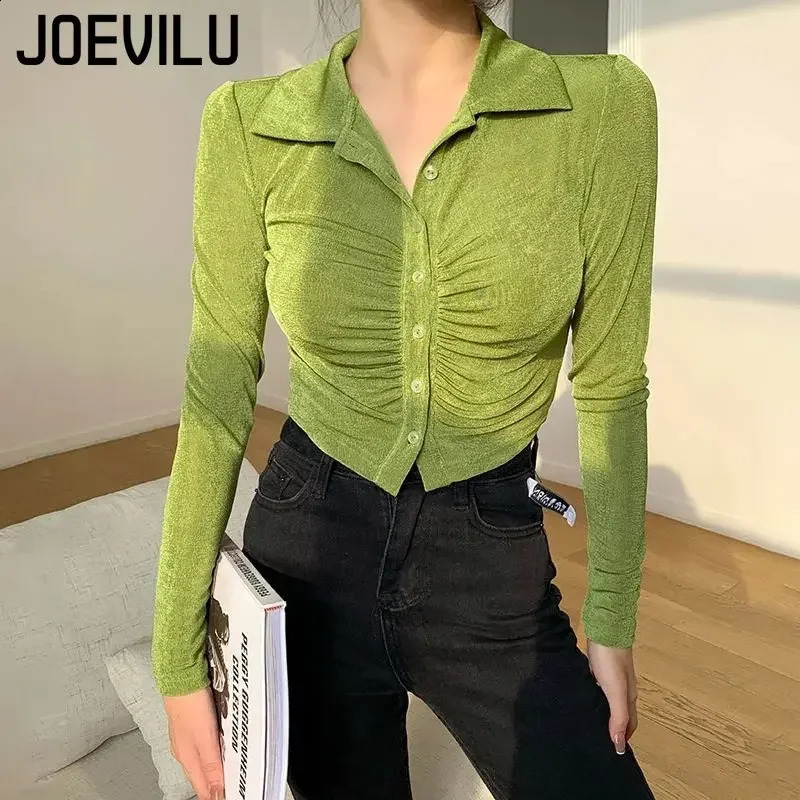 Polo neck pleated crop shirt pleated single chest long sleeved T-shirt for women Korean fashion slim fit top sexy casual Y2K shirt 240827
