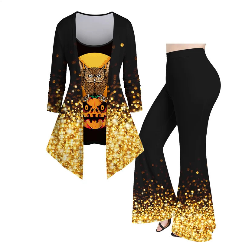 Plus size Halloween womens matching set costume pumpkin owl sparkling glitter 3D printed T-shirt or glitter pants set XS-6X 240827