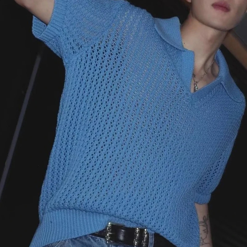 Fashion Turn-down Collar Knitted Polo Shirt Men Casual Short Sleeve Hollow Out Breathable Knit Tops Summer Mens Knitting Clothes 240827