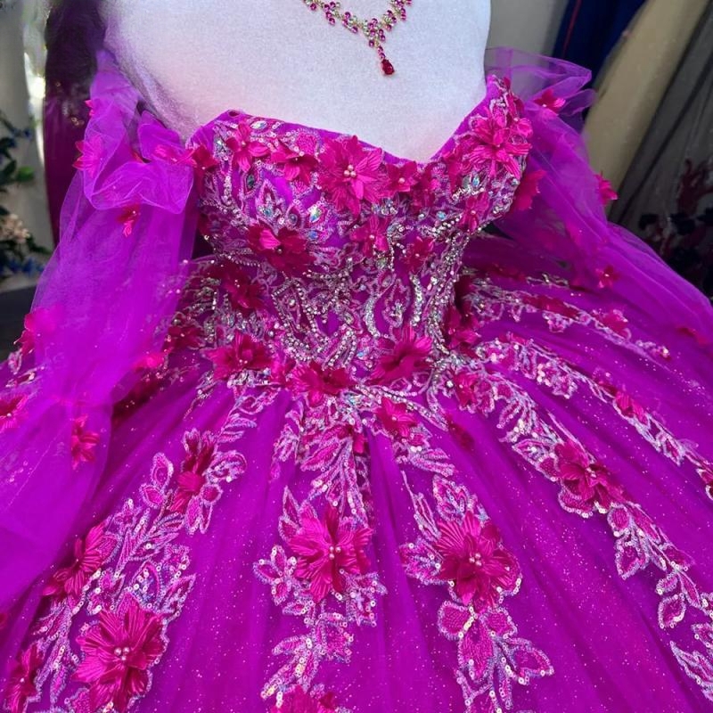 Fuia Long Sleeve 3D wers Ball Gown Quinceanera Dresses Off The Shoulder Sequined Appliques Lace Vestidos De 15 Anos