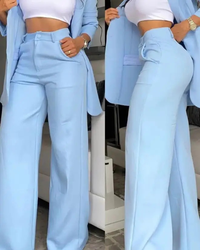 Two Piece Set Women Outfit Autumn Fashion Notched Collar Long Sleeve Blazer Coat Elegant Pocket Work Pants Set 240826