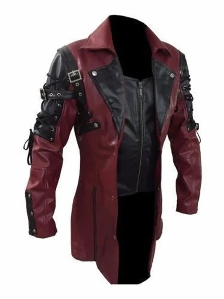 Steampunk Mens Gothic Trench Coat Leather Jacket Punk Style Biker Jacke Autumn Winter Motocycle Jacket 240826