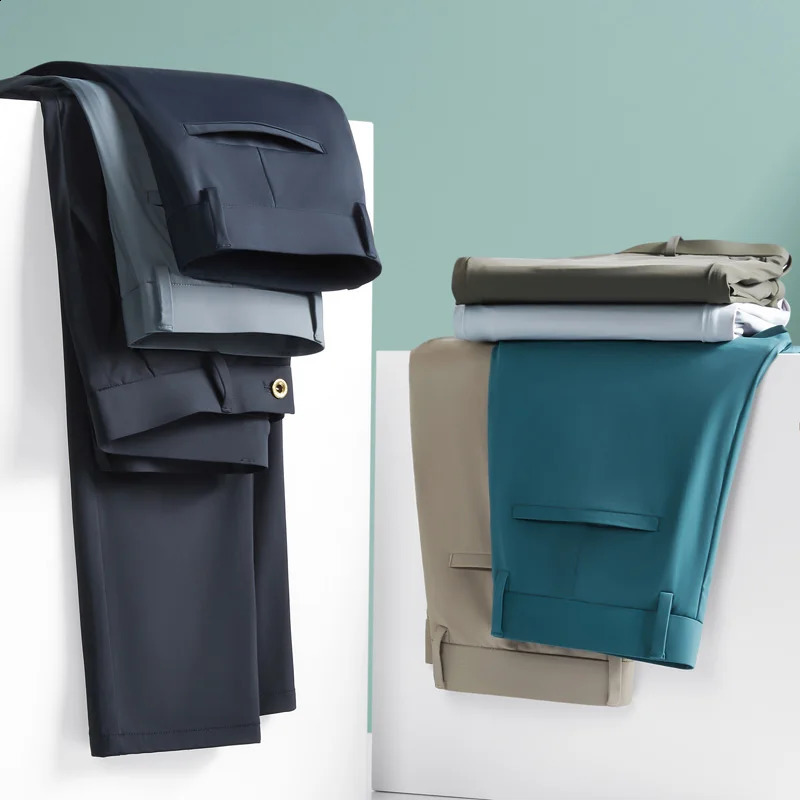 Spring Summer Mens Business Casual Long Suit Pants Male Army Green Blue Elastic Straight Formal Trousers Big Size 29-40 240827