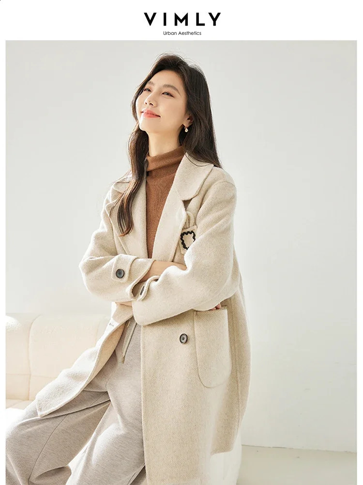 Vimly wool blend jacket for women straight double chest thick warm winter long coat 50709 240826