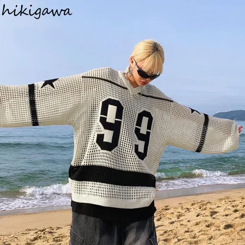 Womens letter Oneck oversized sweater fashionable jumping style pullout womens hollow knitting thin Y2k top suede cream 240826