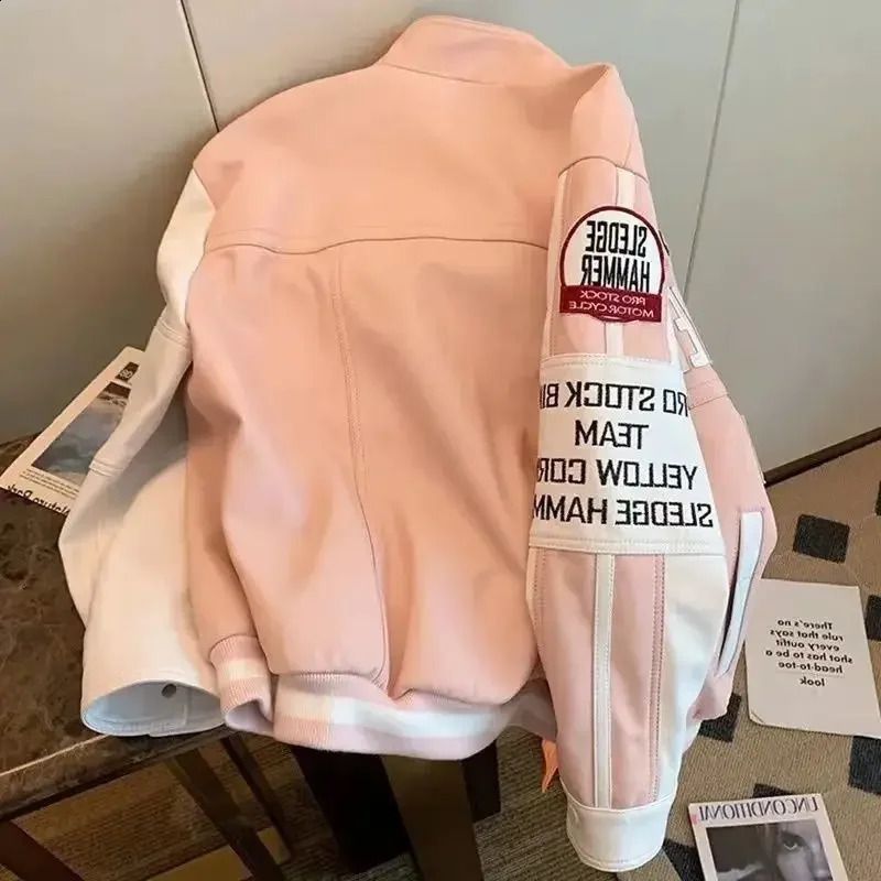 Hikigawa Letter Patchwork Women Pu Jacket Casual Chic Fashion Zipper Tops Mujer Long Sleeve Stand Collar Roupas Femininas 240827