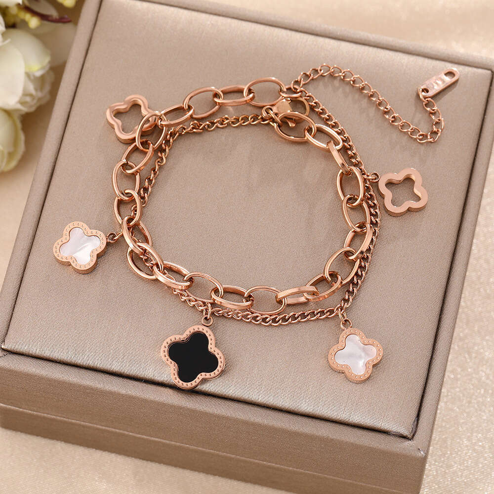 Clover Bracelet Women Luxury Designer jewelry double-layer 4/ Leaf Bracelets 18K Gold Silver Plate Agate Diamond Fashion Charm Chain Wedding Gift Part