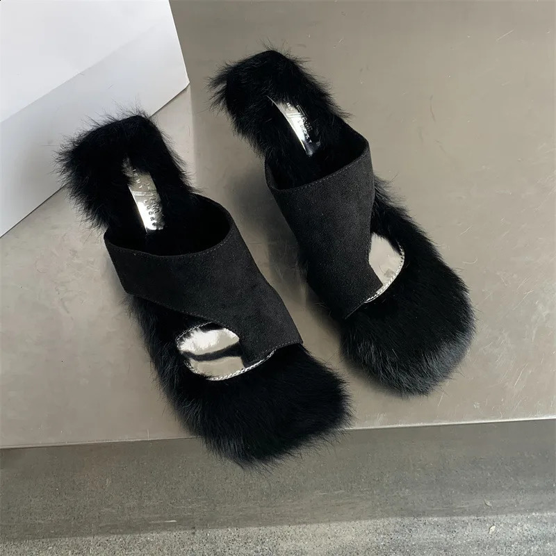 Womens True Rabbit Fur High Heel Sandals Ultra Fine High Heel Fur Slider 240827