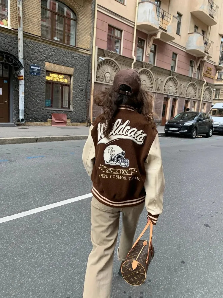 Hip Hop Varsity Bomber Jacket Women Spring Baseball Jackets Streetwear Cropped Coat Casual High Quality Patchwork Outwear 240827