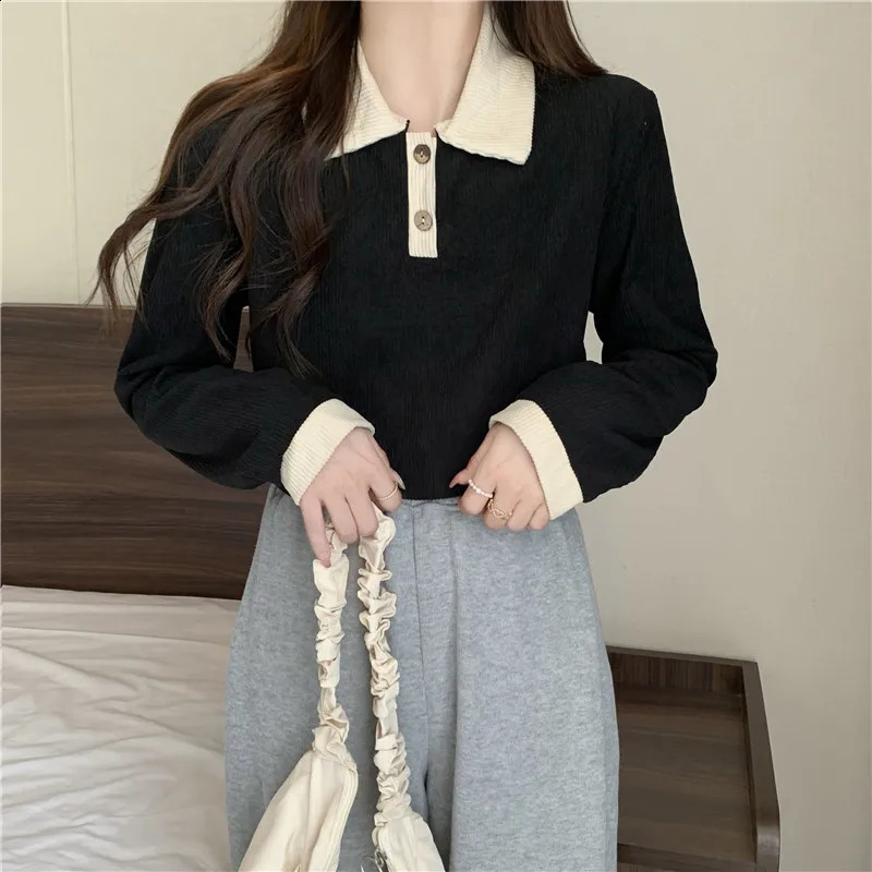 Autumn womens multi-color T-shirt Harajuku long sleeved polo neck hooded patch work casual oversized T-shirt Y2k top streetwear 240827