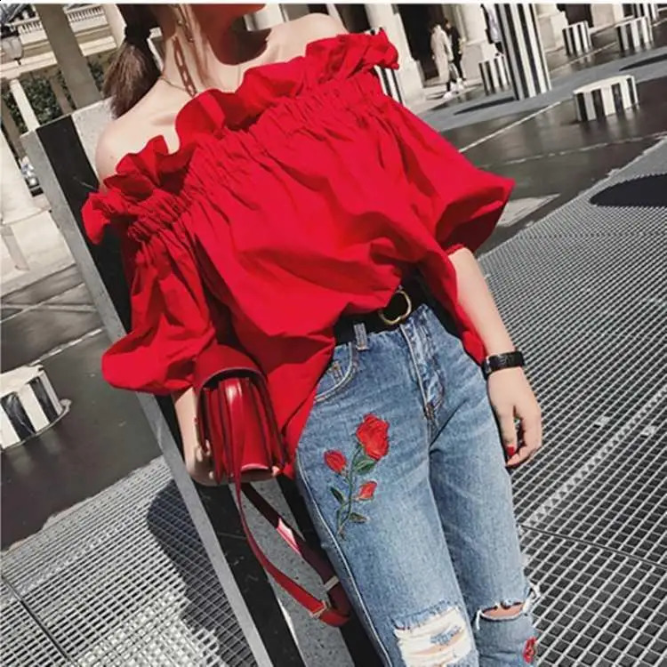 Women Korean Ruffles Off Shoulder Tee Top Puffy Sleeves Red Chiffon Blouse Female Oversize Casual Shirt Lady Chic 240827