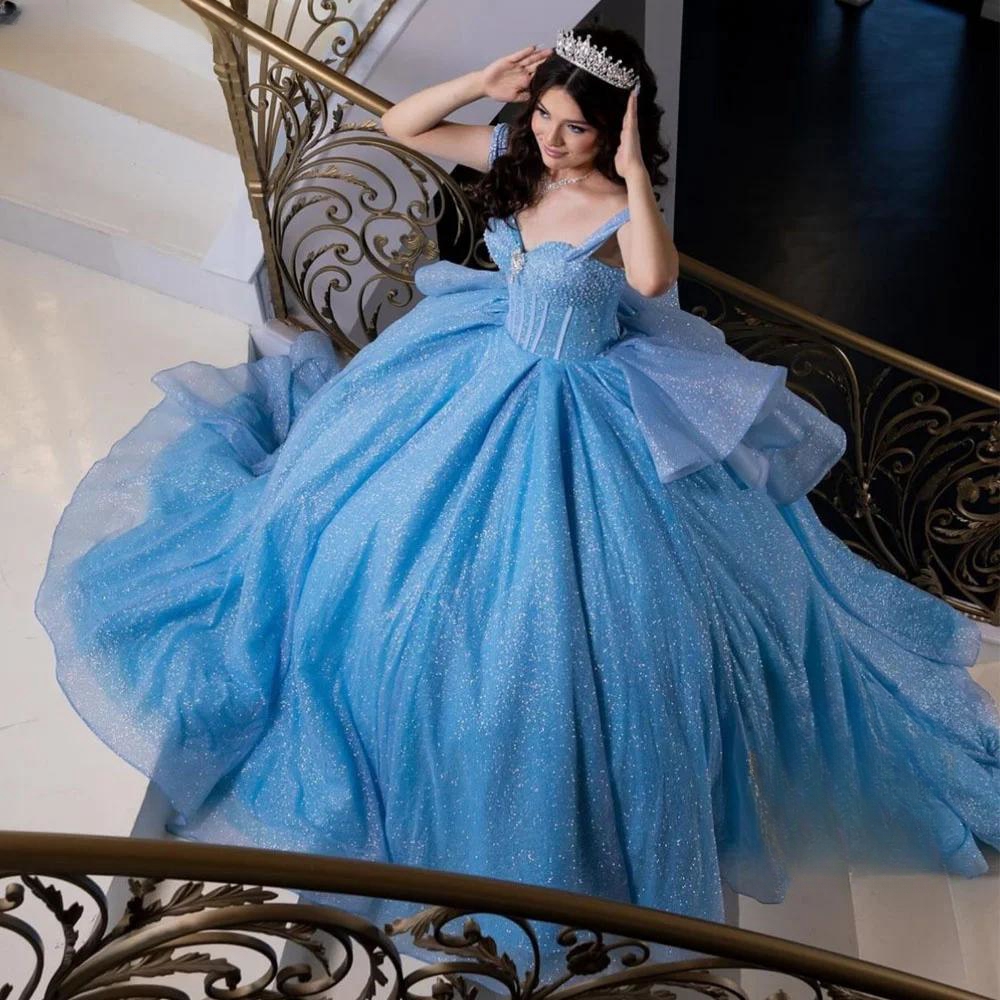 Shiny Off The Shoulder Quinceanera Dresses Ball Gowns Princess Pearl Beaded Tull Birthday Party Sweet 16 Dress Vestidos De 15 Anos