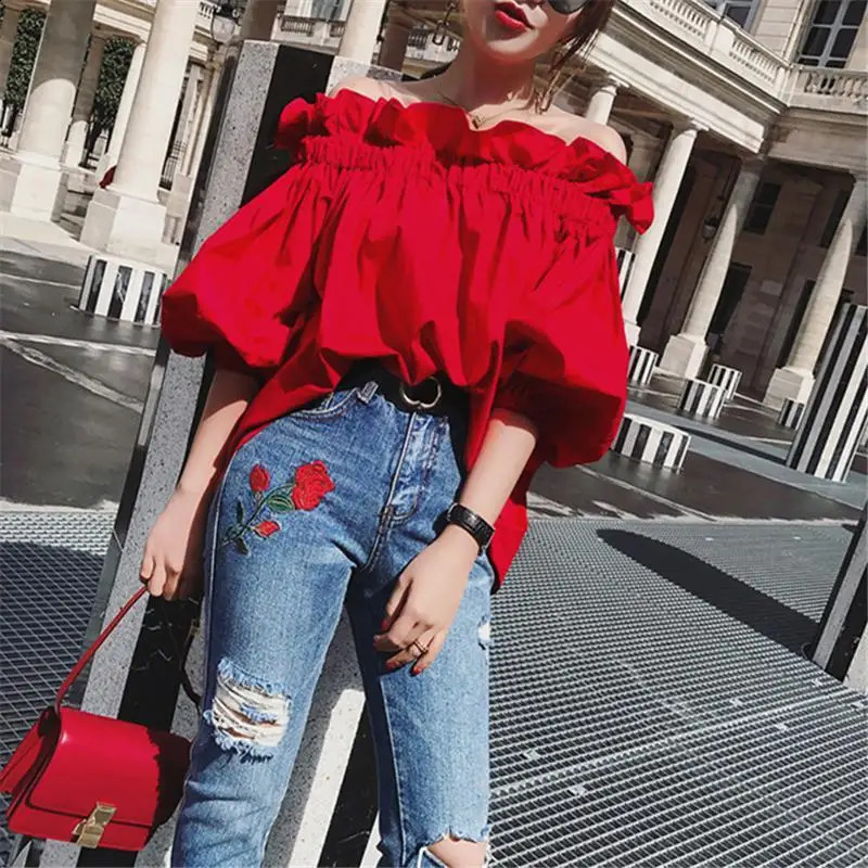 Women Korean Ruffles Off Shoulder Tee Top Puffy Sleeves Red Chiffon Blouse Female Oversize Casual Shirt Lady Chic 240827