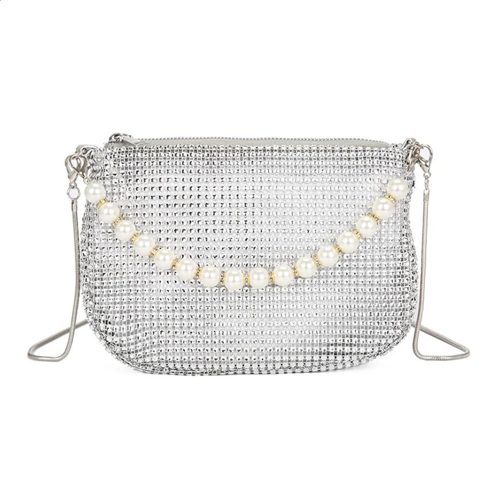 Pearl Full Rhinestone Delicate Handbag Fashion Shiny Gold Party Dinner Bag Shoulder Elegant Silver WomenS Phone Money Purse 240827