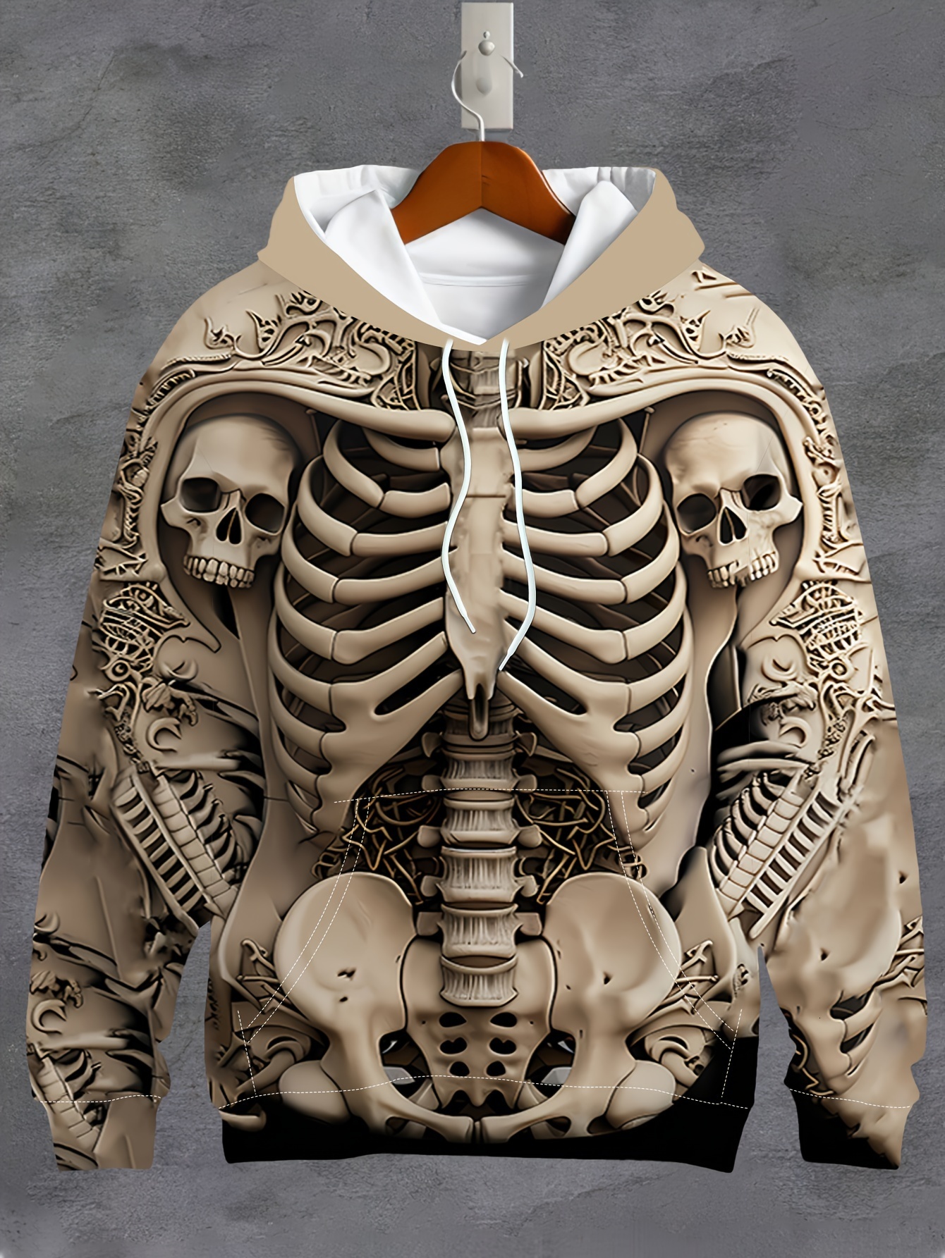 Halloween 3D Skeleton Skull Print Hoodie for Men - Relaxed Fit, Polyester Material, Hood with Drawstring, and Front Pocket