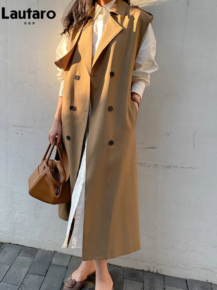 Lautaro Spring and Autumn long sleeved khaki sleeveless trench coat womens double straps loose casual vest ly arrived in 240826