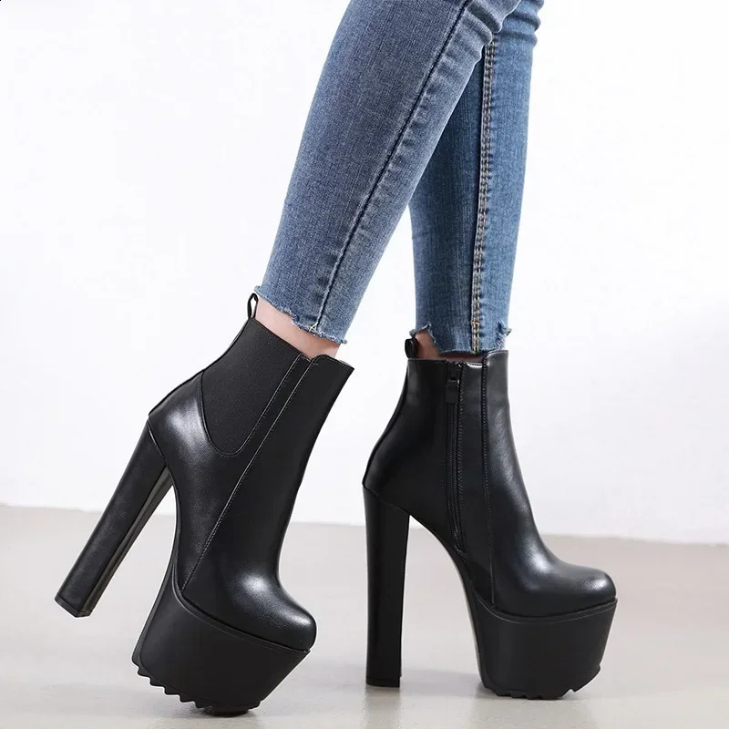 16CM Thick High Heels Womens Platform Elastic Band Side Zipper Chelsea Boots Black Ankle Boots Zapatos Para Mujeres 240827