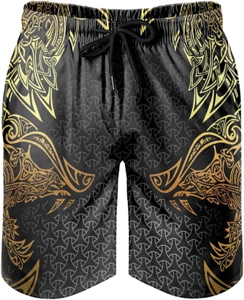 Beach Pants For Men Mens Viking Wolf Athletic Shorts Casual Summer Norse Myth Style Swim Trunks 3D Print Running