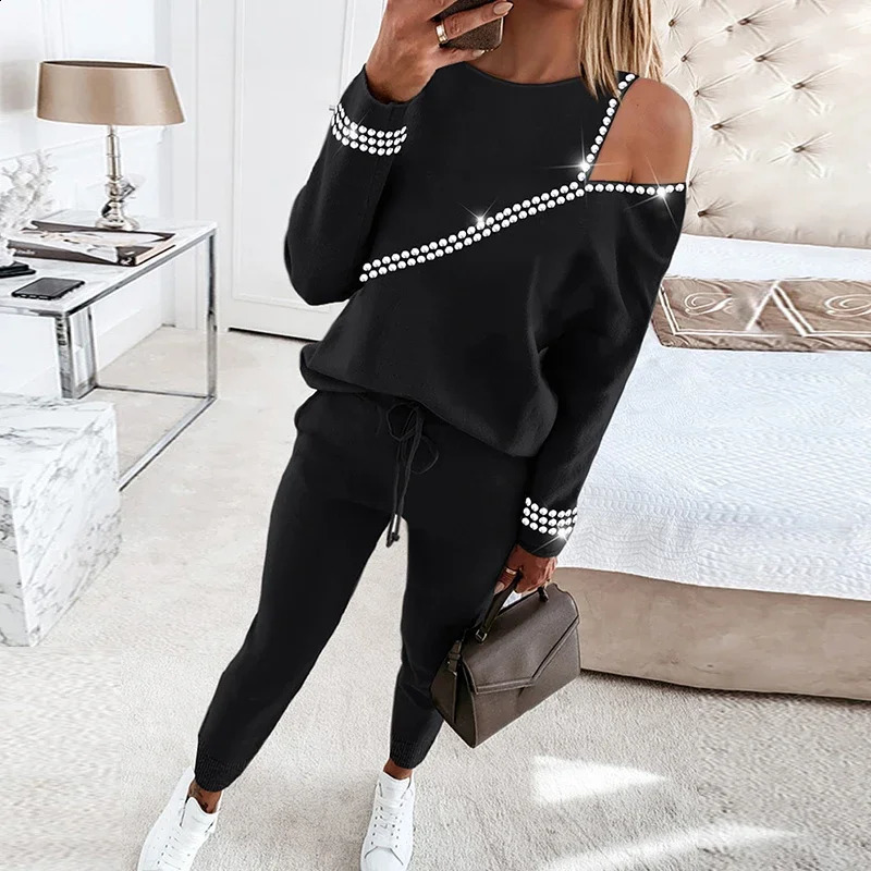 Simple Long Sleeve Tops and Pencil Pants Set Fashion Off Shoulder Diamond Casual Two Pieces Set Autumn Women Tracksuit 240826