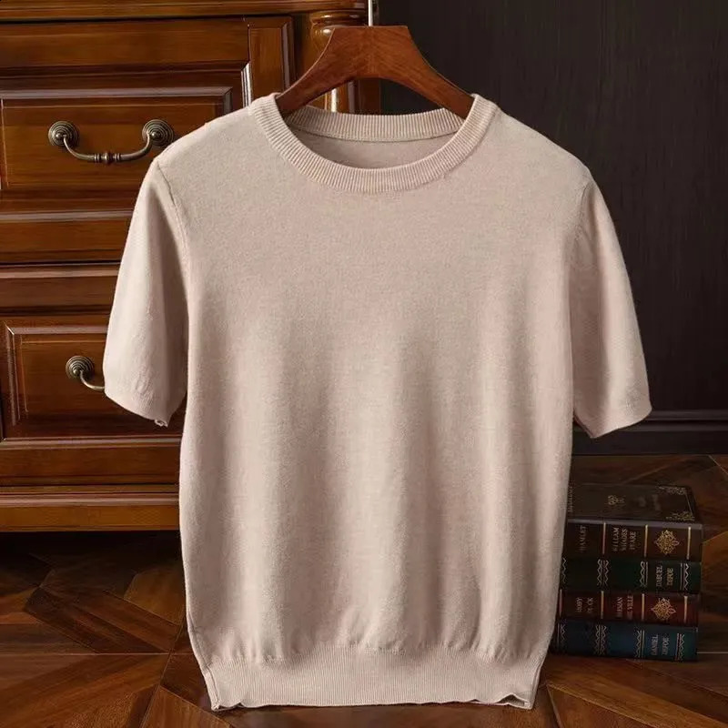 Cashmere Knitted Short sleeved Tshirt for Mens Summer Basic Oneck Fashion Color Top Loose Wool Sweater 240827