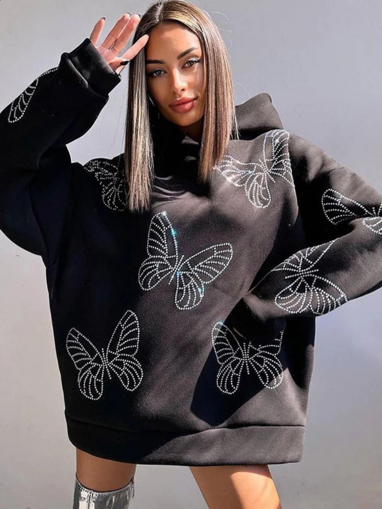 Butterfly Drilling Hoodies Casual Streetwear Women Long Sleeve Sweatshirt Loose Aesthetic Clothes Pullover Sudaderas Para Mujer 240827