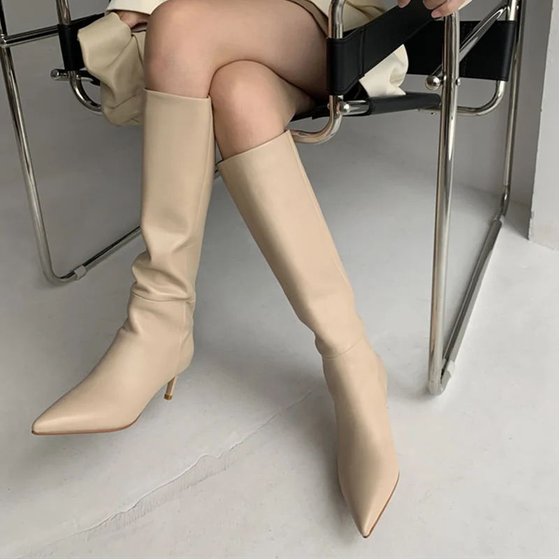 leather knee high boots for women Pointed toes thin heels sliding on party shoes winter autumn high boots for womens shoes 240827