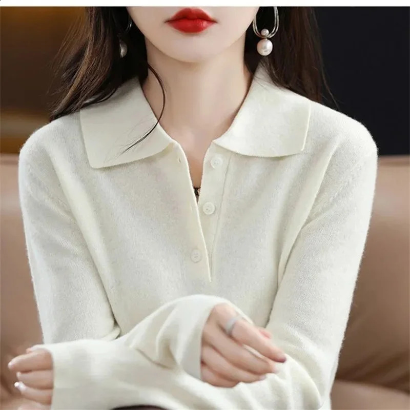 Womens Sweater Spring and Autumn Polo Collar Knitted Lanhua Long Sleeve Cashmere Free Jumping Bottom Shirt 240827