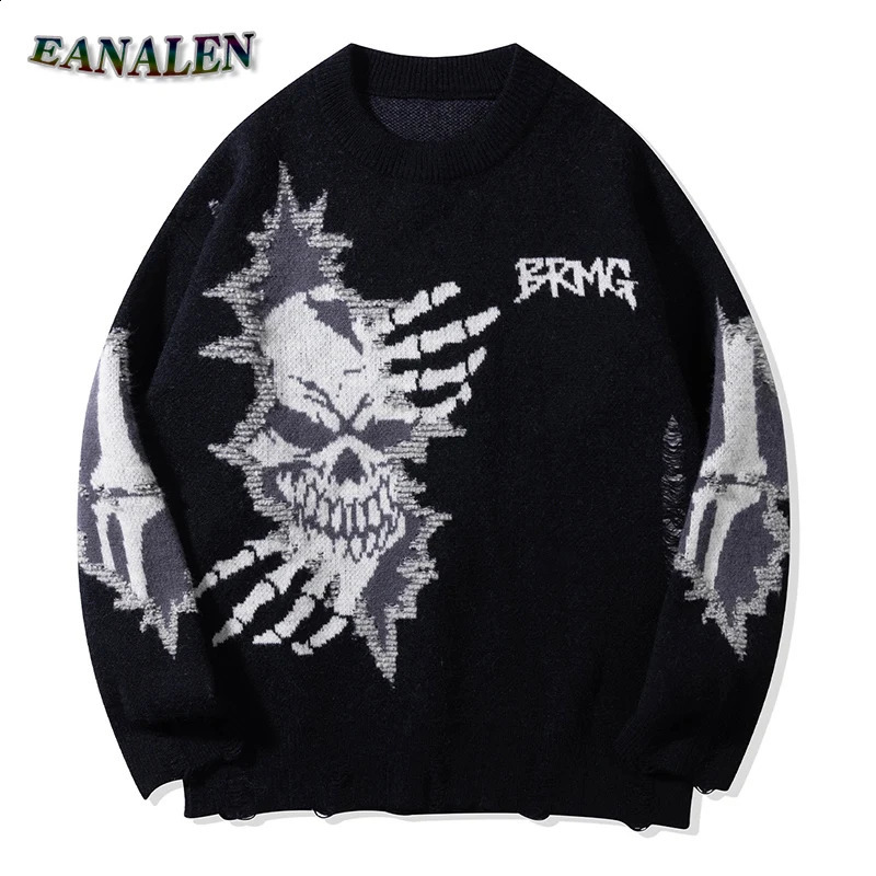 Harajuku retro skull sweater mens winter casual oversized black devil rock skydiving knitted latte grandpa ugly womens 240826