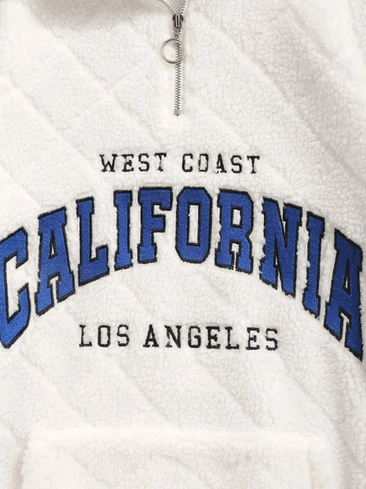 mens Turtleneck sweatshirt with embroidered letters and fluffy fuzzy texture hooded Sherpa wool Pullover Z5106406 240827