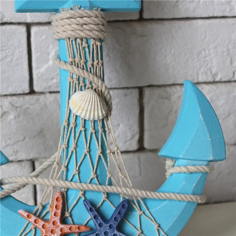 33cm Mediterranean Style Wood Anchor Ornament Nautical Decor Hanging Crafts Thermometer Wall Hanging Hook DIY Home Room Decor 240827