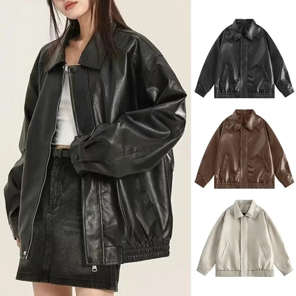 Womens faux leather jacket loose fit womens coat retro American style womens faux leather jacket loose fit zipper pocket 240827