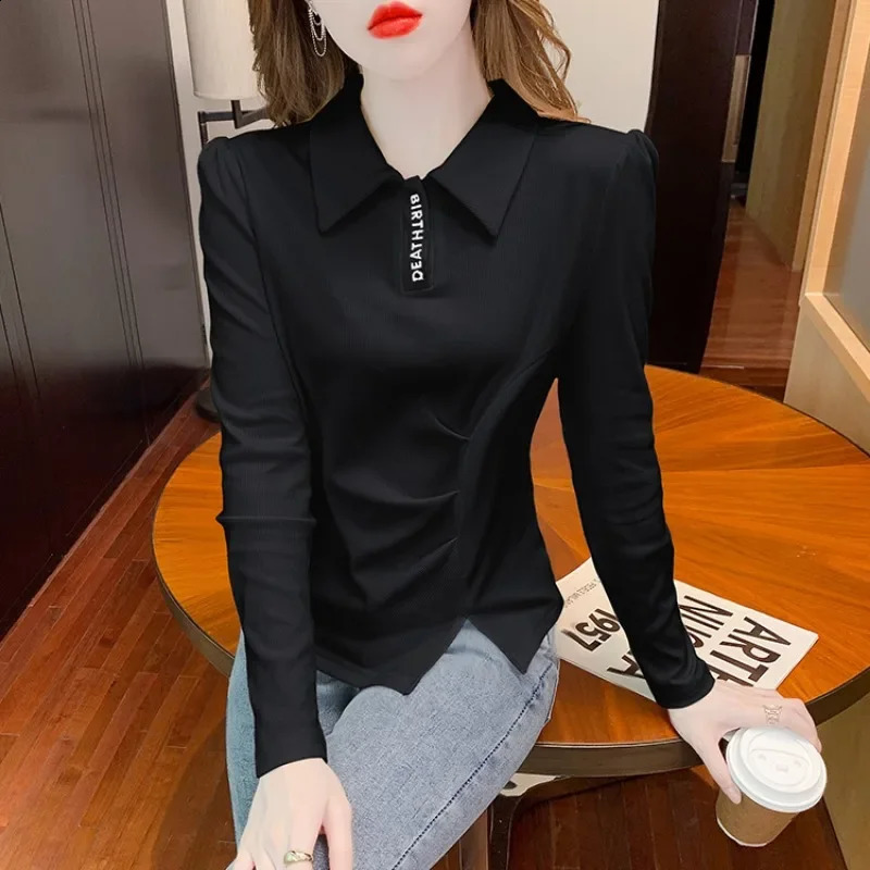 Business top plain weave polo neck womens long sleeved beautiful Korean clothing synthetic Y2k fashion 2025 womens T-shirt 240827