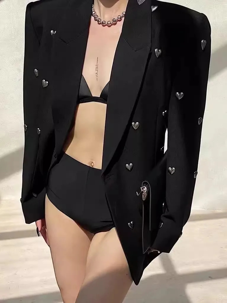 Spring Autumn Black Heavy Industry Dia-encrusted Suit Jacket Female High-end Sense Minority Street Blazer 240826