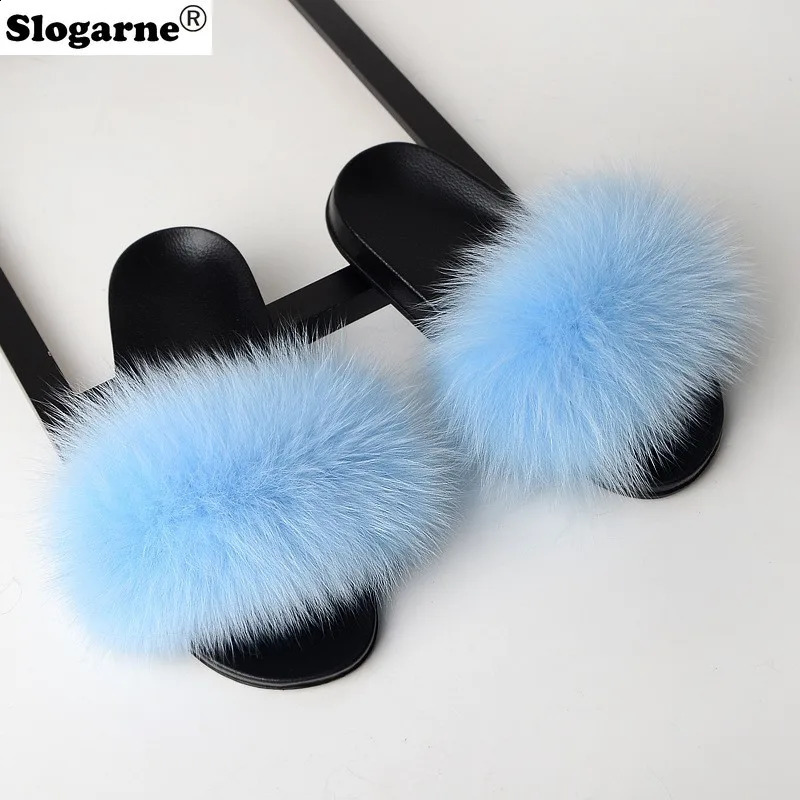 Real Fox fur slider womens outdoor leather slider unisex mens European colored Fox fur sandals 2024 womens sexy slider 240827