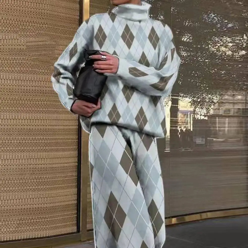 Turtleneck Rhombus Pant Sets Women Outfit Autumn Vintage Plaid Pullover High-Waist Straight Wide Leg Pants Blouse Trousers 240826