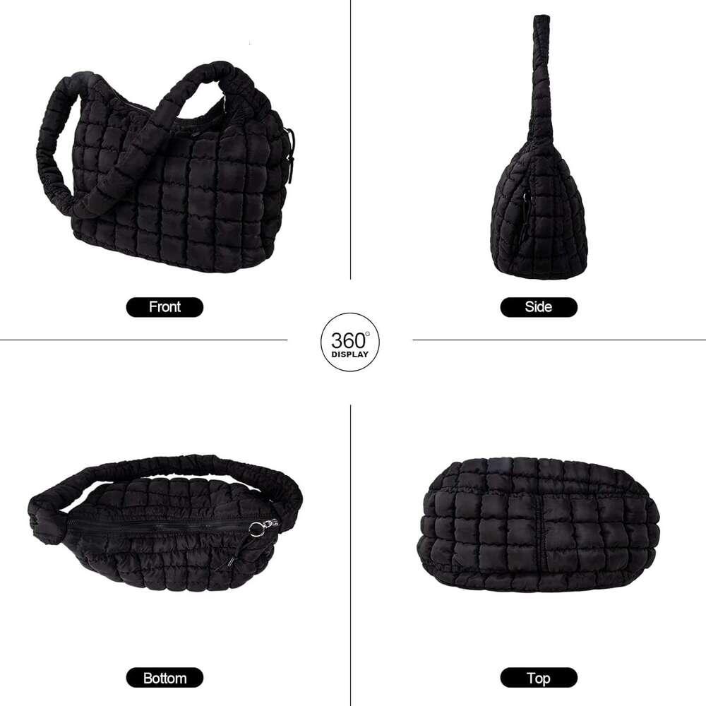 Quilted Puffer Tote Large Crossbody Shoulder Bag with Zipper, Nylon Hobo Oversized Handbag