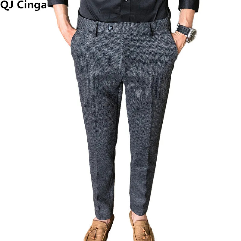 QJ CINGA Grey Mens Wool Pants Autumnwinter Thick Close Up Ultra Thin Business Hombre Fashion Slac