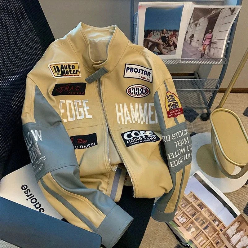 Hikigawa Letter Patchwork Women Pu Jacket Casual Chic Fashion Zipper Tops Mujer Long Sleeve Stand Collar Roupas Femininas 240827