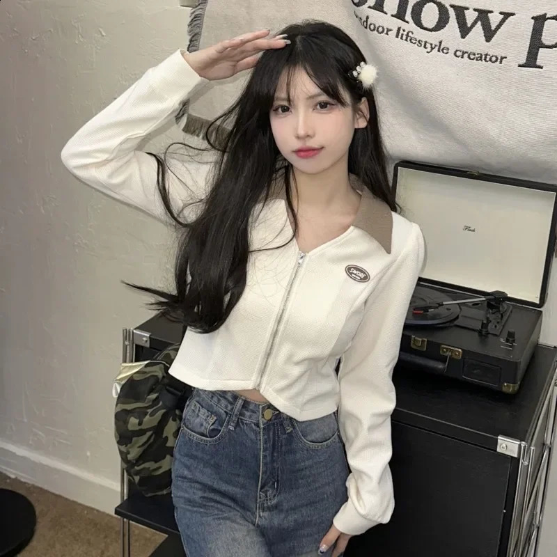 Irregular Top Womens Autumn Polo T-shirt Y2k Korean Fashion Long Sleeve T-shirt Patch Work T-shirt Womens Zipper T-shirt 240827
