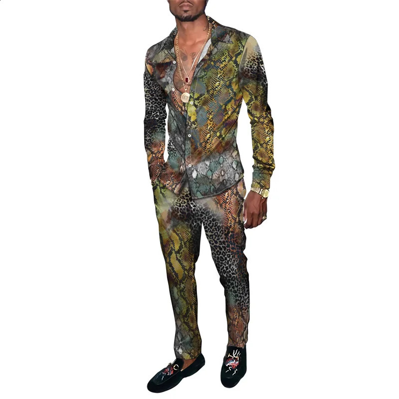Spring and autumn animal snake skin 3D printed mens clothing set Tracksuit long sleeved shirt long pants two-piece clothing set 240827