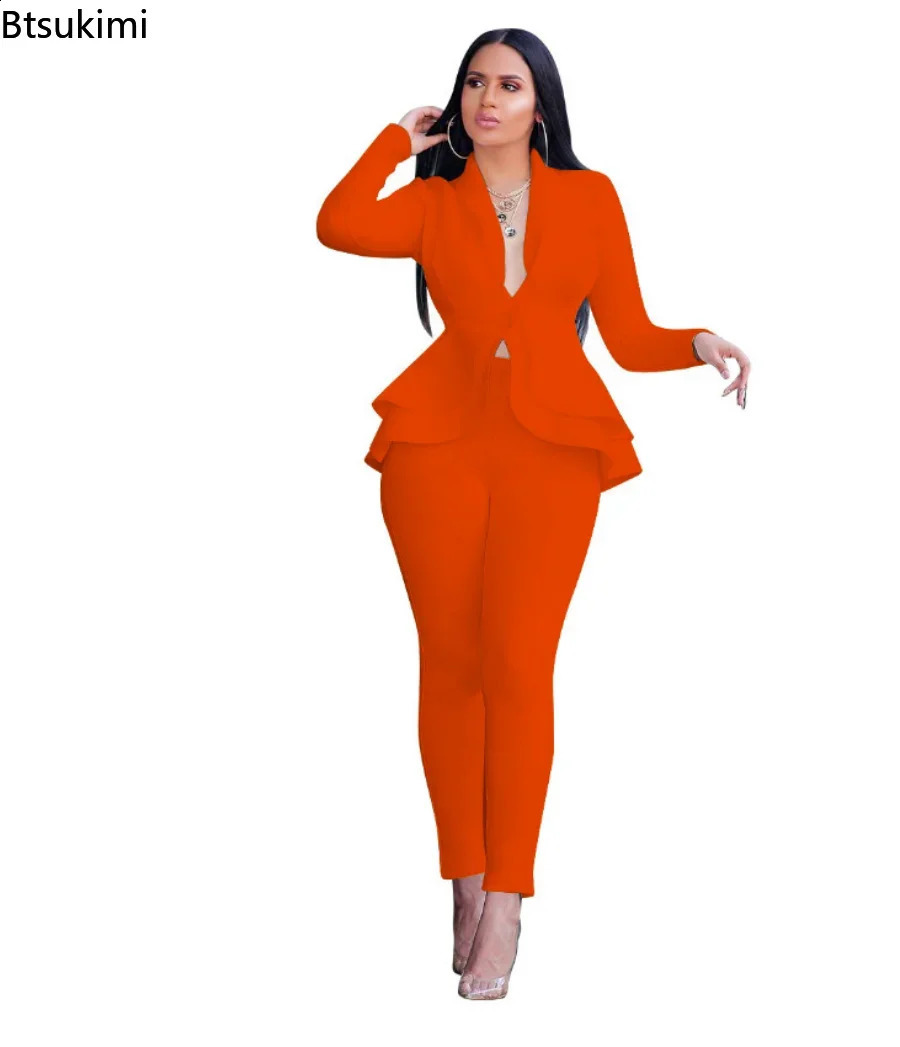 Womens Formal Set 2PCS Tracksuit Full Sleeve Ruffles Blazers Pencil Pants Suit Two Piece Set Office Lady Outfits Uniform 240826