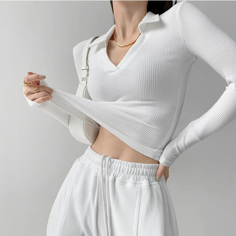 Sexy V-neck ultra-thin fitness womens T-shirt fashionable long sleeved polo shirt womens high waisted cut top 240827