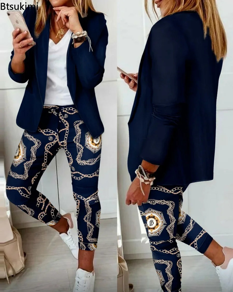 Womens Two Piece Pant Suit Set Outfits Spring Autumn Turn Down Print Blazer Coat Drawstring Pants Suit Women Casual Sets 240826