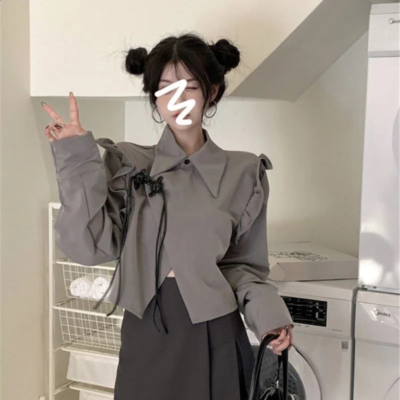 MEXZT Y2K Irregular Crop Top Harajuku Womens Ruffle Asymmetric Shirt Korean Prefabricated Long Sleeve Lace Top 240827