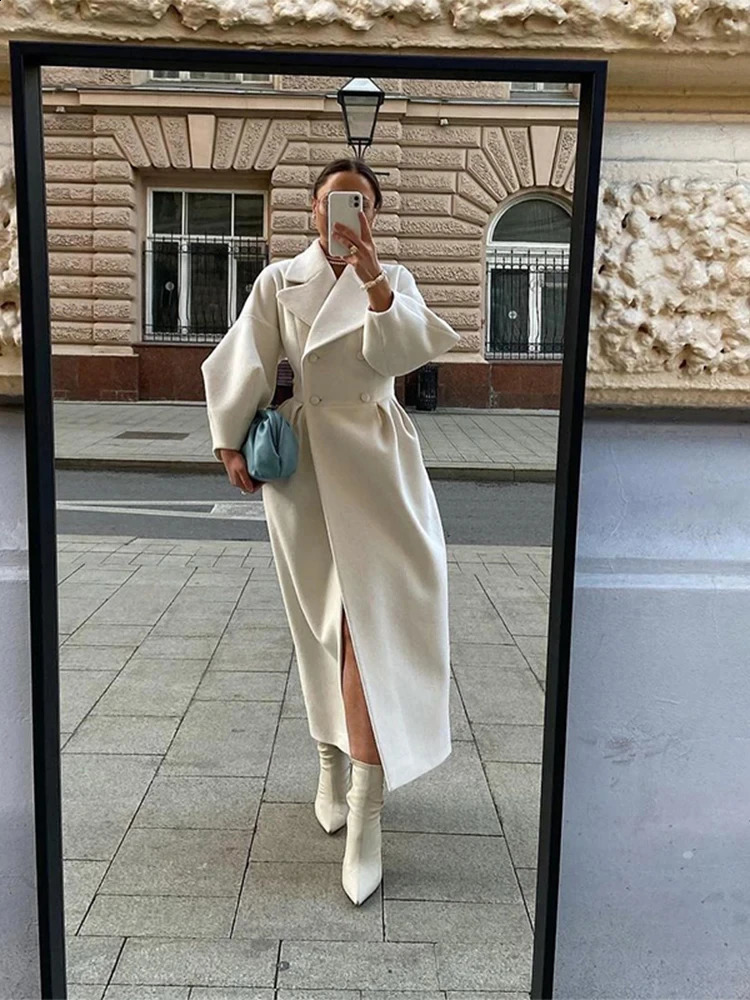 Fashion Solid Puff Sleeve Coat For Women Elegant Female Turn Down Collar Long Coats Chic Ladies Pockets Jackets 50% SALE 240826