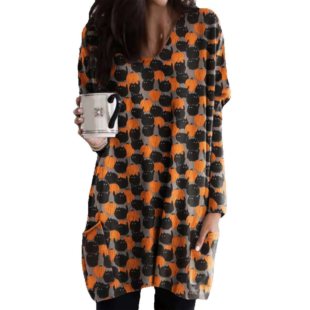 2024 Autumn/Winter New Halloween Cat Pumpkin Long Sleeved Dress