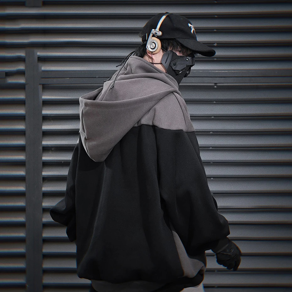 Mens Techwear Hoodie Black Grey Patched Work Sweater Oversized Harajuku Hip Hop Pullout 240826
