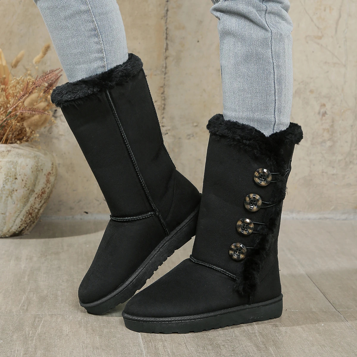 Womens Faux Suede Fur Long Boots Autumn Waterproof Non-slip Mid Calf Boots Casual Comfort Platform Ladies Plush Shoes Botas 240830